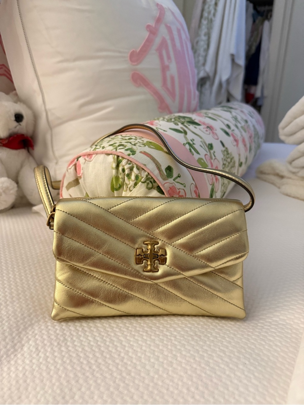 Tory Burch Metallic Gold Quilted Leather Crossbody Bag